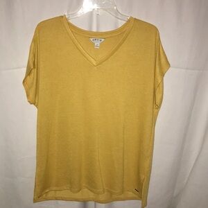 Orvis Classic Collection Knit Cap Sleeve Women’s V Neck Mustard Yellow Shirt  L